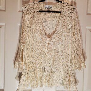 NEW Denim 24/7 Ruffle Neck Bell Sleeve Crochet Cardigan Ivory Size XL Hook Close